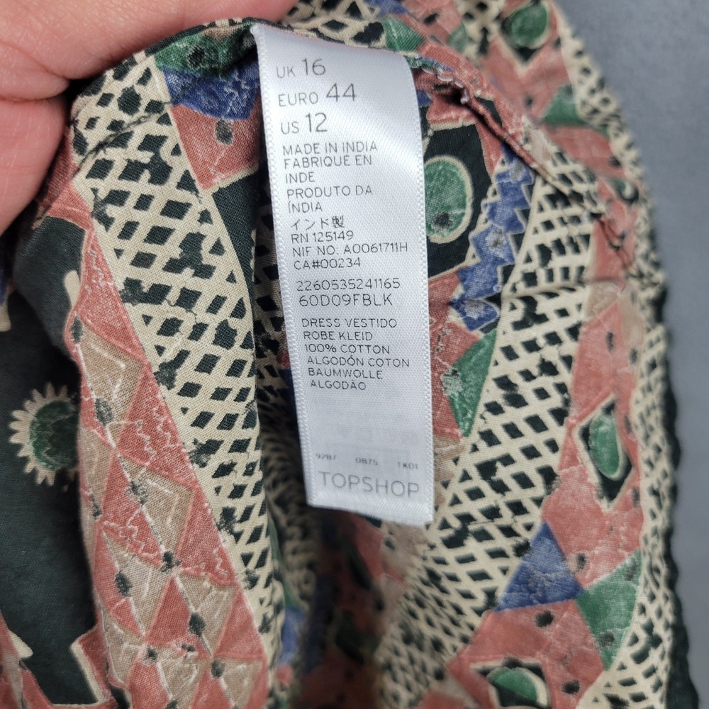 Kate Moss Topshop Sun Dress Women 12 Black Aztec Print Cotton Pleated Round Neck - Picture 5 of 8